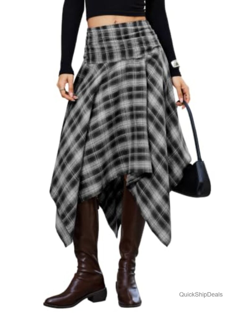Women's Asymmetrical Plaid Midi Skirt Y2K Handkerchief Hem High Rise